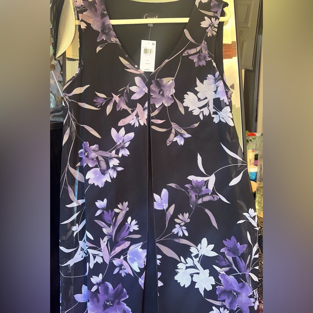 NWT Connected Apparel Grape Floral-Print Sleeveless Chiffon Overlay Dress